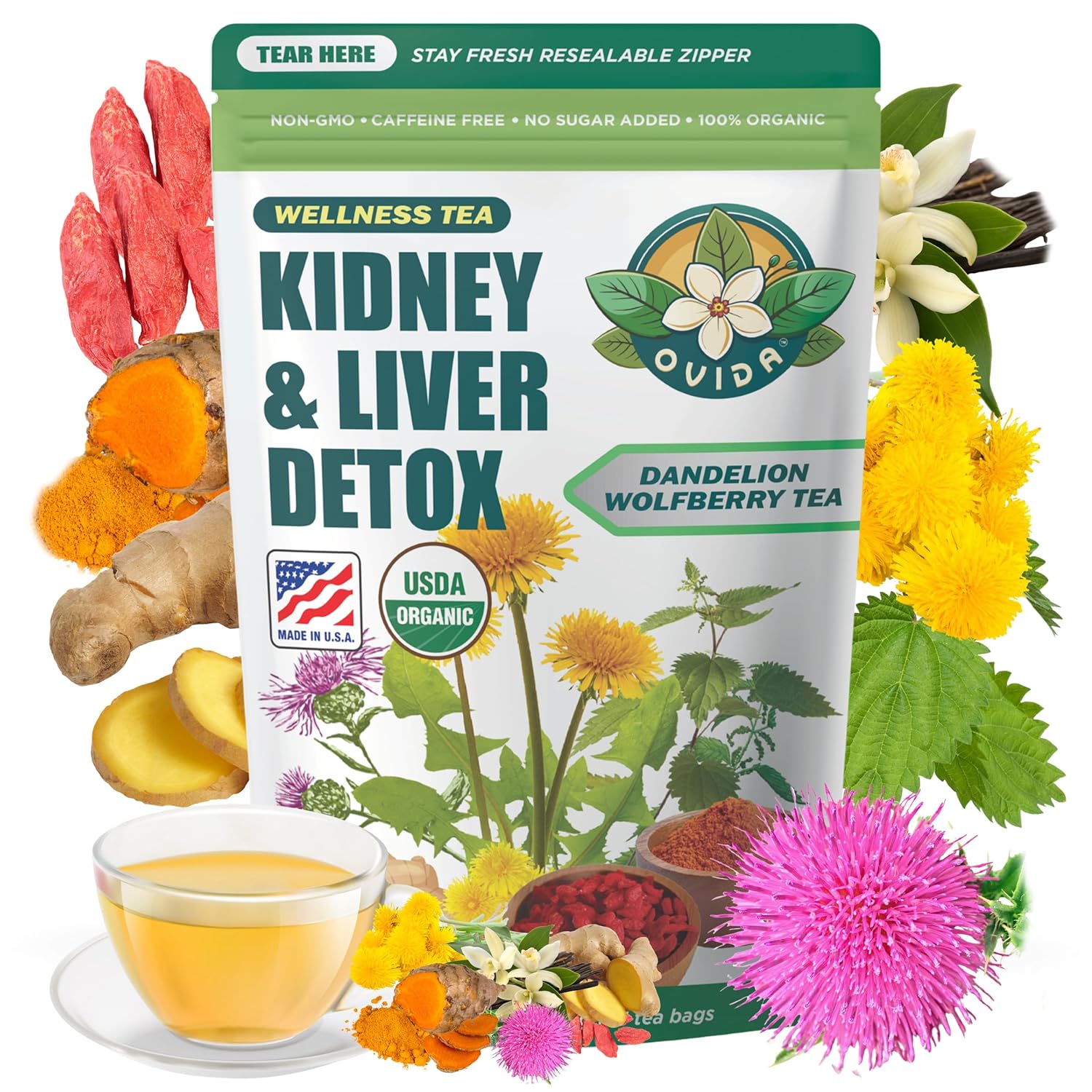 Ovida Dandelion Wolfberry Tea – Natural Kidneys & Liver Health Tea, Organic Herbal Tea with Milk Thistle, Turmeric & Goji Berry, Seven Herbal Ingredients Natural Blend for Daily Wellness, 15 Tea Bags