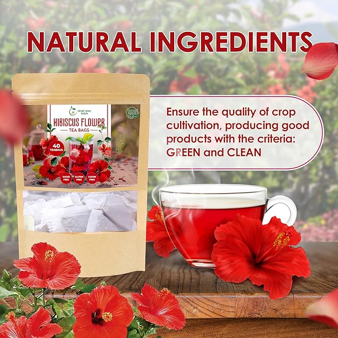 Premium Hibiscus Tea Bags - Dried Hibiscus Flower Tea Bags - 40 Teabags, 2.5g/bag), 100% Natural & Pure Hibiscus Flowers, Sugar/Caffeine/Gluten Free