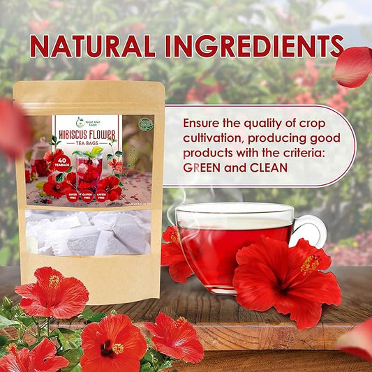 Premium Hibiscus Tea Bags - Dried Hibiscus Flower Tea Bags - 40 Teabags, 2.5g/bag), 100% Natural & Pure Hibiscus Flowers, Sugar/Caffeine/Gluten Free