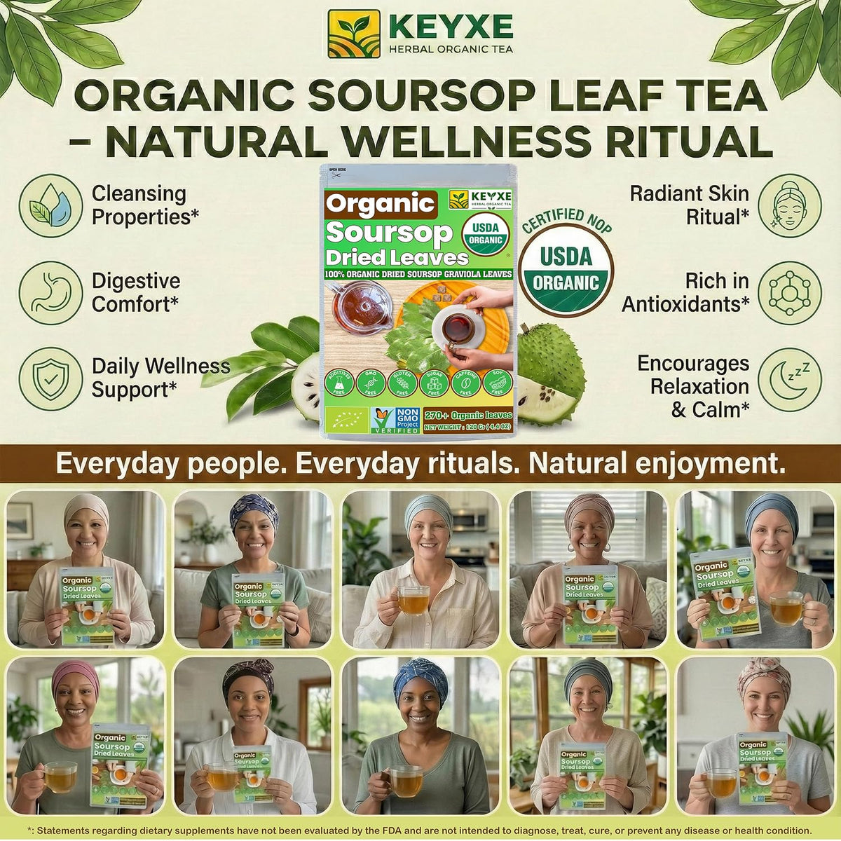 270+ USDA Organic Soursop Graviola Dried Leaves, Non GMO, 100% Organic Whole Soursop Leaves, Caffeine Free, Gluten Free, Wildcrafted &amp; Authentic, Hojas de Guanabana, te de graviola , Guanábana Hojas Loose Leaf Herbal Tea