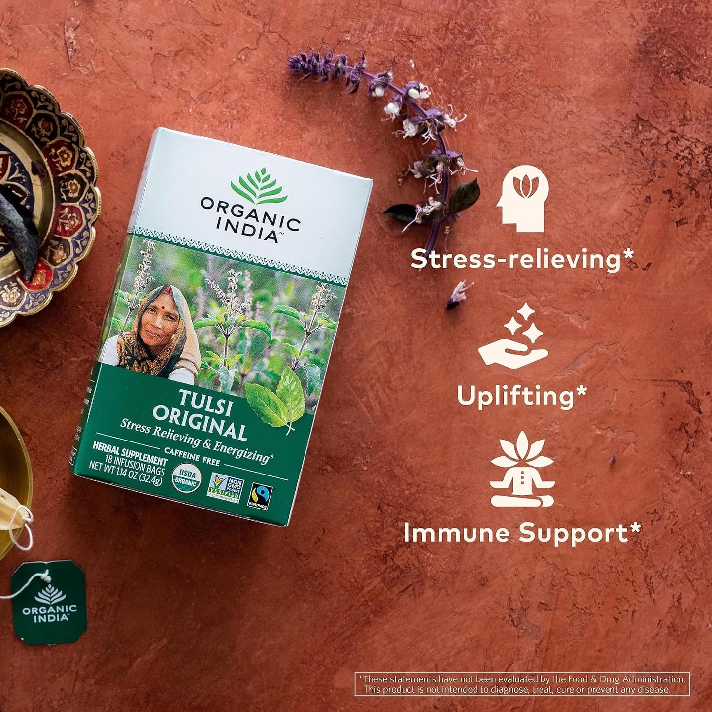 Organic India Tulsi Original Herbal Tea - Holy Basil, Stress Relieving &amp; Energizing, Immune Support, Adaptogen, Vegan, USDA Certified Organic, Non-GMO, Caffeine-Free - 18 Infusion Bags, 3 Pack | Holy Basil and African Basil Calming and Stress Relief T