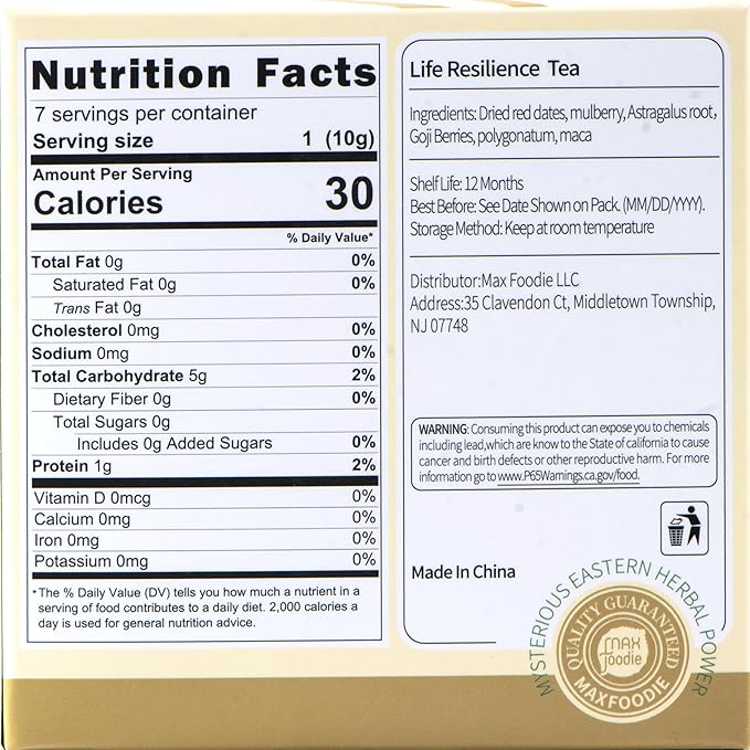 MAX FOODIE Life Resilience Tea, Rose Black Goji Berry Blend, 7 Count Tea Bags, Natural Herbal Energy Tea for Hot Brewing - 7 tea bags (70g, 10g/bag)