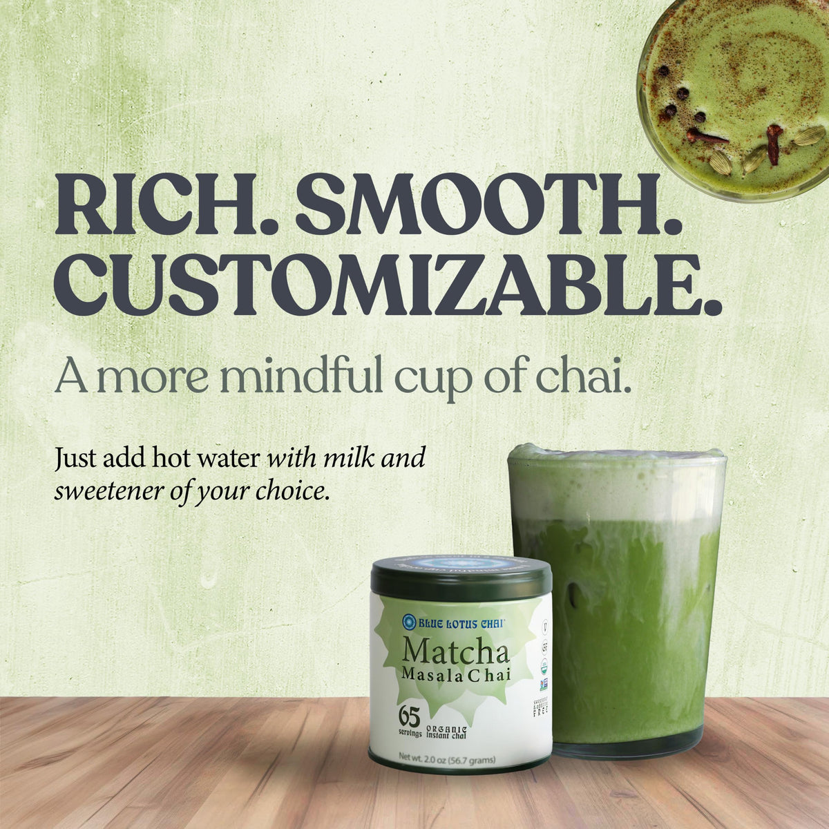 Blue Lotus Chai – Organic Matcha Masala Chai - Makes 65 Cups – Just Add Hot Water, No Steeping, No Gluten - 2 Ounce Masala