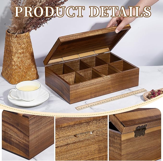 Acacia Wood Tea Bag Organizer Tea Storage Box Organizer Teabag Holder Container Tea Caddy for Tea Bags Chest 8 Compartments Divided Storage Container for Countertop Kitchen Cabinet Pantry