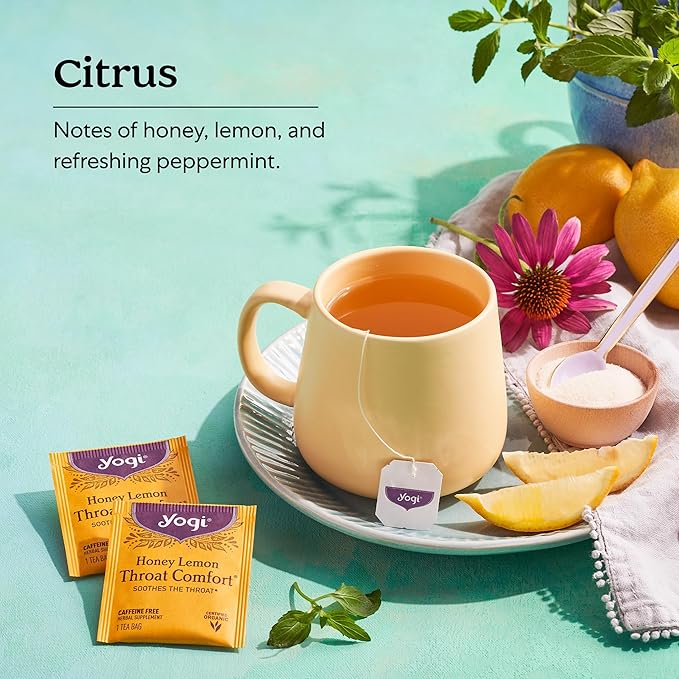 Yogi Tea Honey Lemon Throat Comfort - 16 Bags per Pack (4 Packs) - Soothing Organic Honey Tea - Includes Lemongrass, Peppermint Leaf, Licorice Root