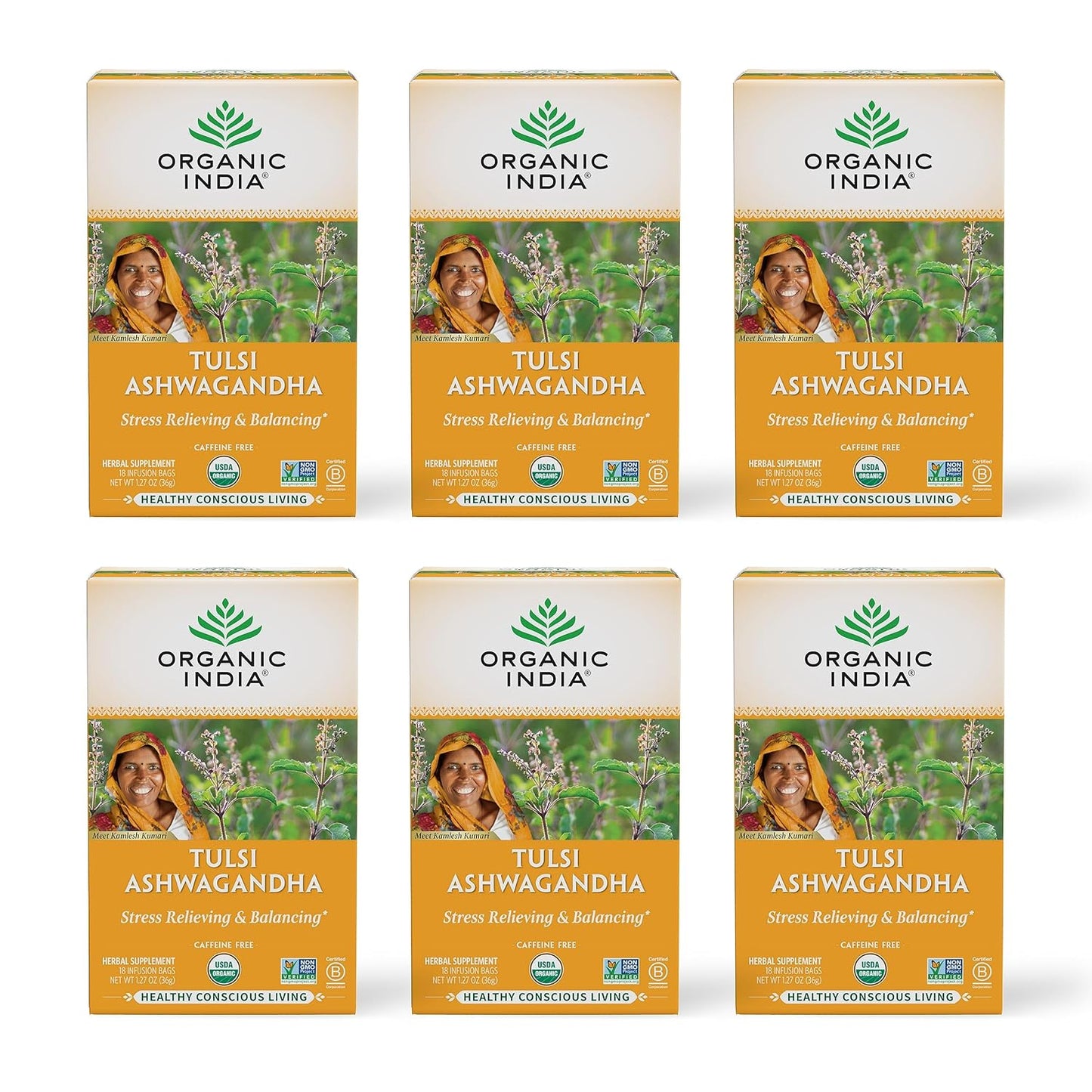 ORGANIC INDIA Calming Tulsi Ashwagandha Tea - Organic Tea Bags, Holy Basil, Vegan, USDA Certified Organic, Non-GMO, Caffeine Free - 18 Infusion Bags, 6 Pack | Organic Tea Bags, Holy Basil, Vegan, USDA Certified, Non-GMO, Caffeine Free