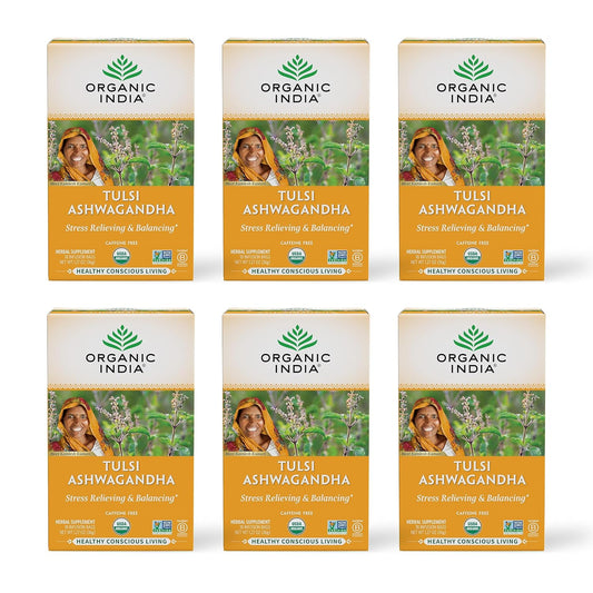 ORGANIC INDIA Calming Tulsi Ashwagandha Tea - Organic Tea Bags, Holy Basil, Vegan, USDA Certified Organic, Non-GMO, Caffeine Free - 18 Infusion Bags, 6 Pack | Organic Tea Bags, Holy Basil, Vegan, USDA Certified, Non-GMO, Caffeine Free