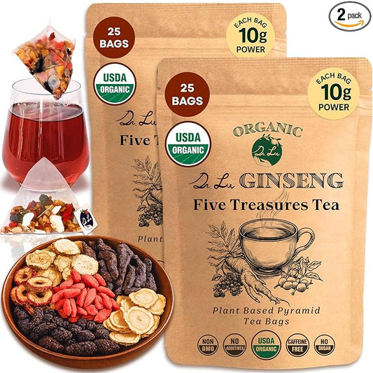 2 Pack of Dr. Lu’s Organic Ginseng Five Treasures Tea Kidney Tea, Ginseng Six Treasures tea for Kidney Cleanse Detox & Repair with Maca Root in Corn