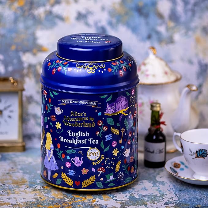Midnight Alice in Wonderland Tea Caddy with 240 English Breakfast Teabags, Navy