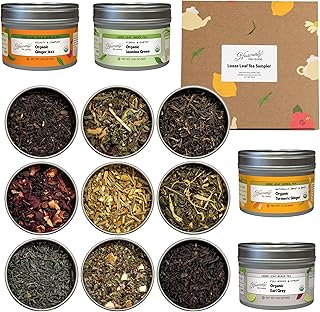Heavenly Tea Leaves Organic 9 Loose Leaf Tea Sampler Gift Set (Approx. 90 Cups) | Assortment of Black Tea, Green Tea, Herbal Tea | High to No Caffeine | Great Hot or Iced | Premium Assorted Gift Box