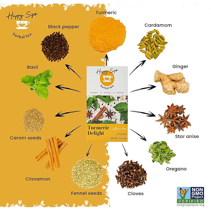 Happy Sips Herbal Tea – Turmeric Delight - Made of 11 Non-GMO Natural Herbs & Spices with No Artificial Flavor, Colors, or Additives, 100% Naturally Caffeine Free, 20 Individually Wrapped Tea Bags (Pack of 1)