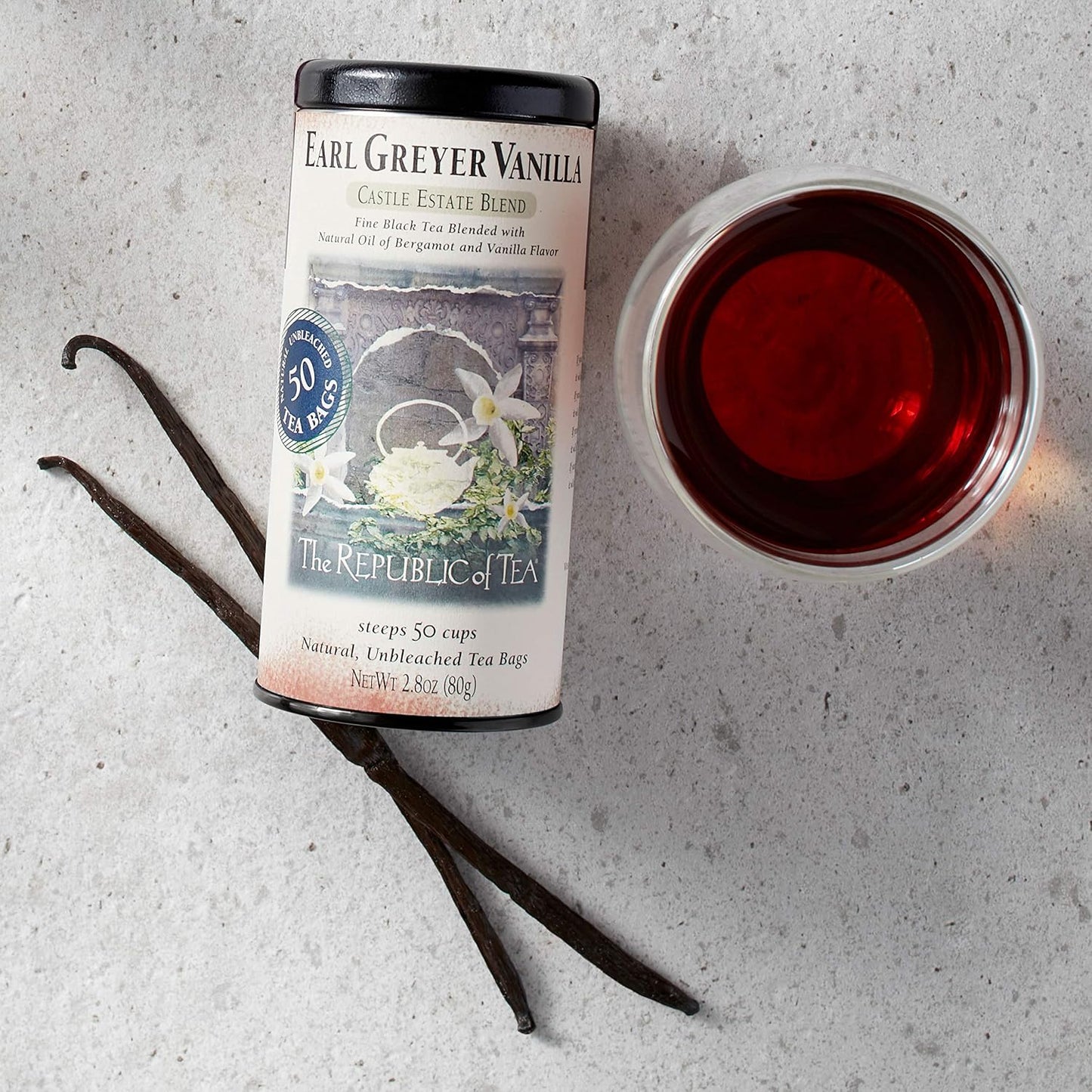 The Republic of Tea Earl Greyer Vanilla Black Tea, 50 Count | Naturally Caffeinated. Made for morning or afternoon. Brisk and full-bodied with notes of lively citrus and bright bergamot.