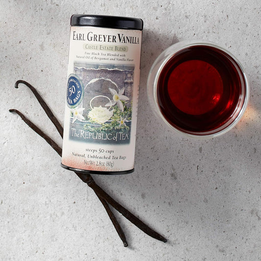 The Republic of Tea Earl Greyer Vanilla Black Tea, 50 Count | Naturally Caffeinated. Made for morning or afternoon. Brisk and full-bodied with notes of lively citrus and bright bergamot.