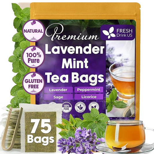 FreshDrinkUS, Premium 75 Tea Bags Lavender Mint Tea, 100% Natural, Blend of Lavender, Peppermint, Sage and Licorice. Made with Natural Material Tea Bags. No Sugar, No Caffeine, Vegan.