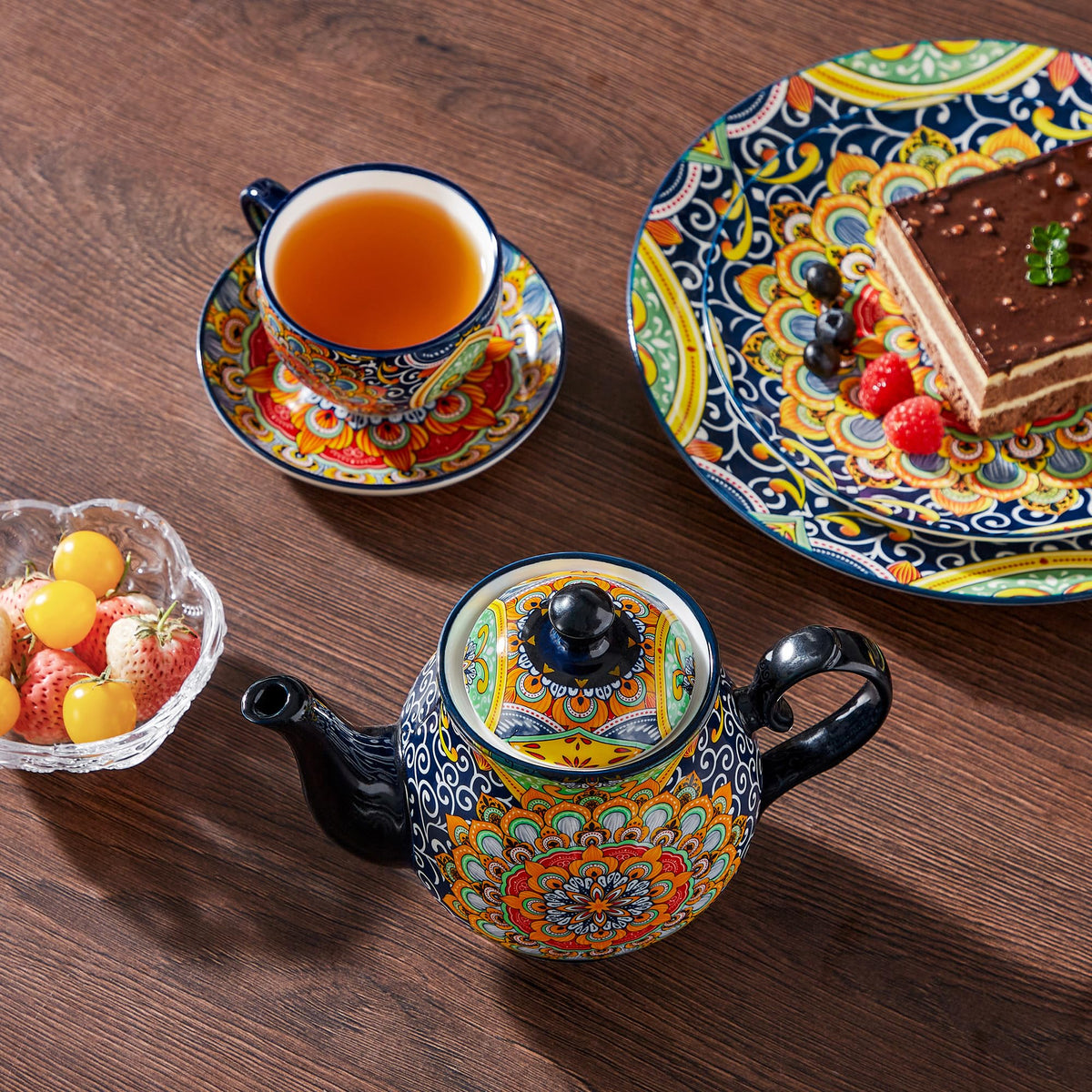 vancasso SIMI 28 oz Porcelain Teapot, Bohemian Ceramic Tea Pot with Regal Bloom Pattern, Microwave & Dishwasher Safe