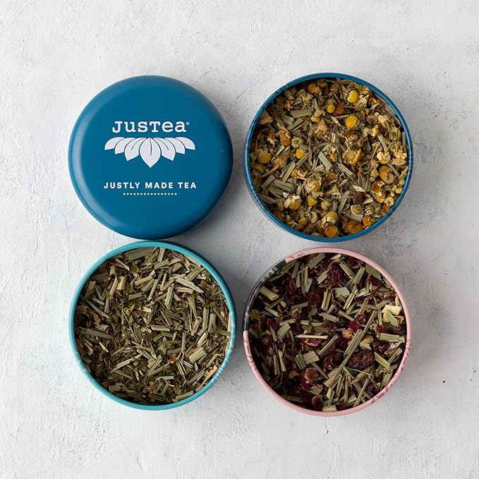 JusTea Herbal Tea Trio | Stacking Tins Variety Pack with Hand Carved Tea Spoon | Loose Leaf | Caffeine Free | Award-Winning | Fair Trade | Non-GMO