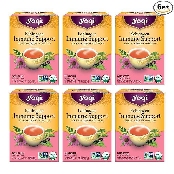 Yogi Tea Echinacea Immune Support Tea - 16 Tea Bags per Pack (6 Packs) - Organic Immunity Support Tea - Includes Peppermint Leaf, Lemongrass, Cinnamon Bark, Echinacea Purpurea, Licorice Root & More