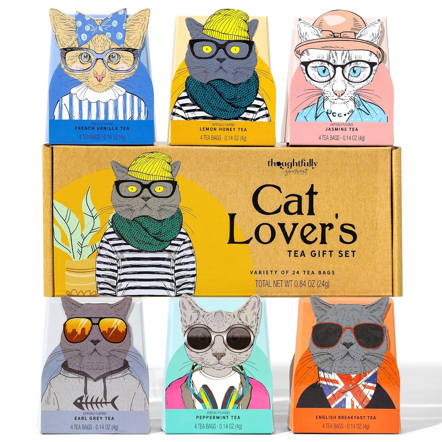 Thoughtfully Gourmet Cat Lover's Tea Gift Set: Includes 24 Teas in 6 Flavors with Stylish Cat Art and Fun Quotes for Cat Moms and Dads, Set of 24
