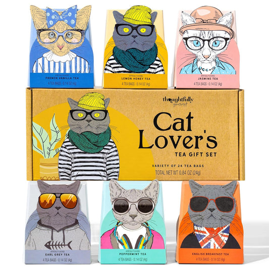 Thoughtfully Gourmet Cat Lover's Tea Gift Set: Includes 24 Teas in 6 Flavors with Stylish Cat Art and Fun Quotes for Cat Moms and Dads, Set of 24