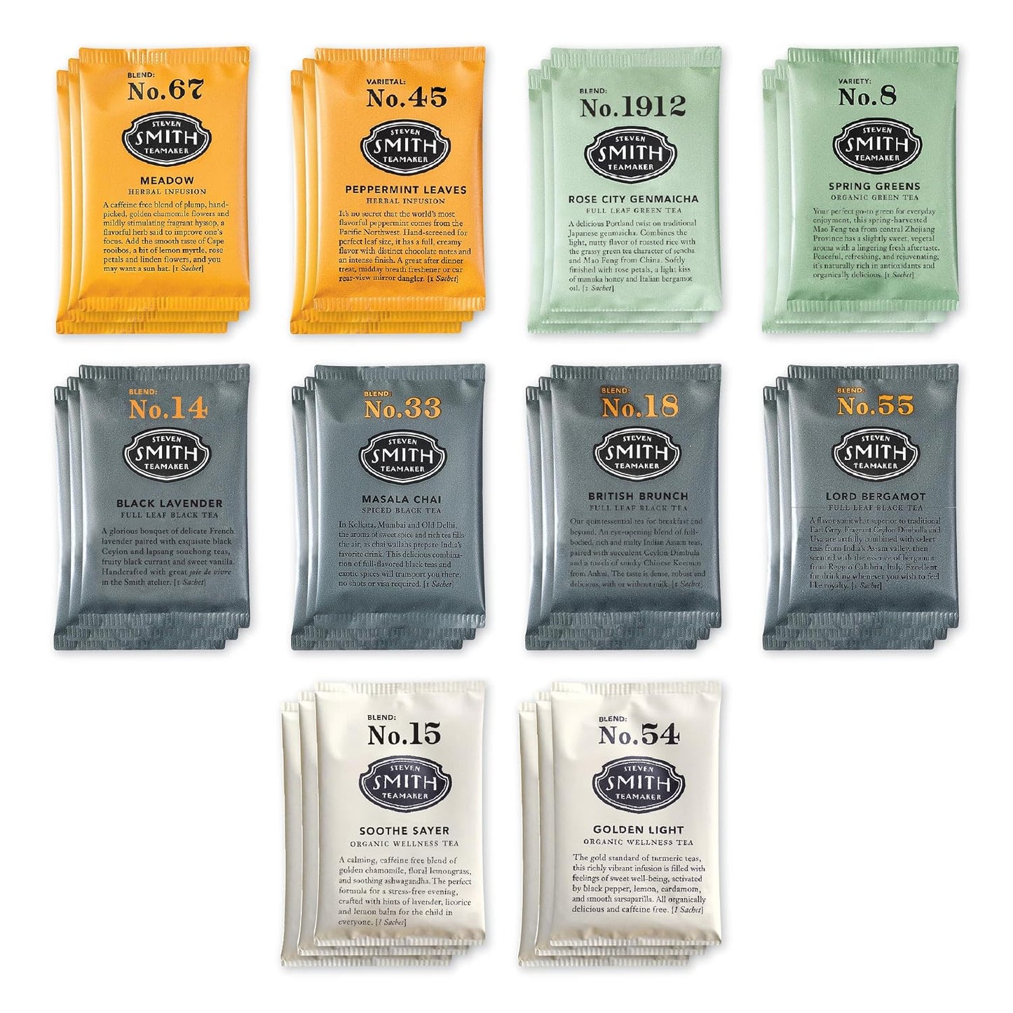 Steven Smith Teamaker, Amazon Exclusive Variety Pack Sampler, 30 Sachets, | 10 Flavors, Full Leaf Black, Green &amp; Herbal Tea, Sugar Free, Sustainably Sourced, Plant Based Tea Sachets, 0.78oz each