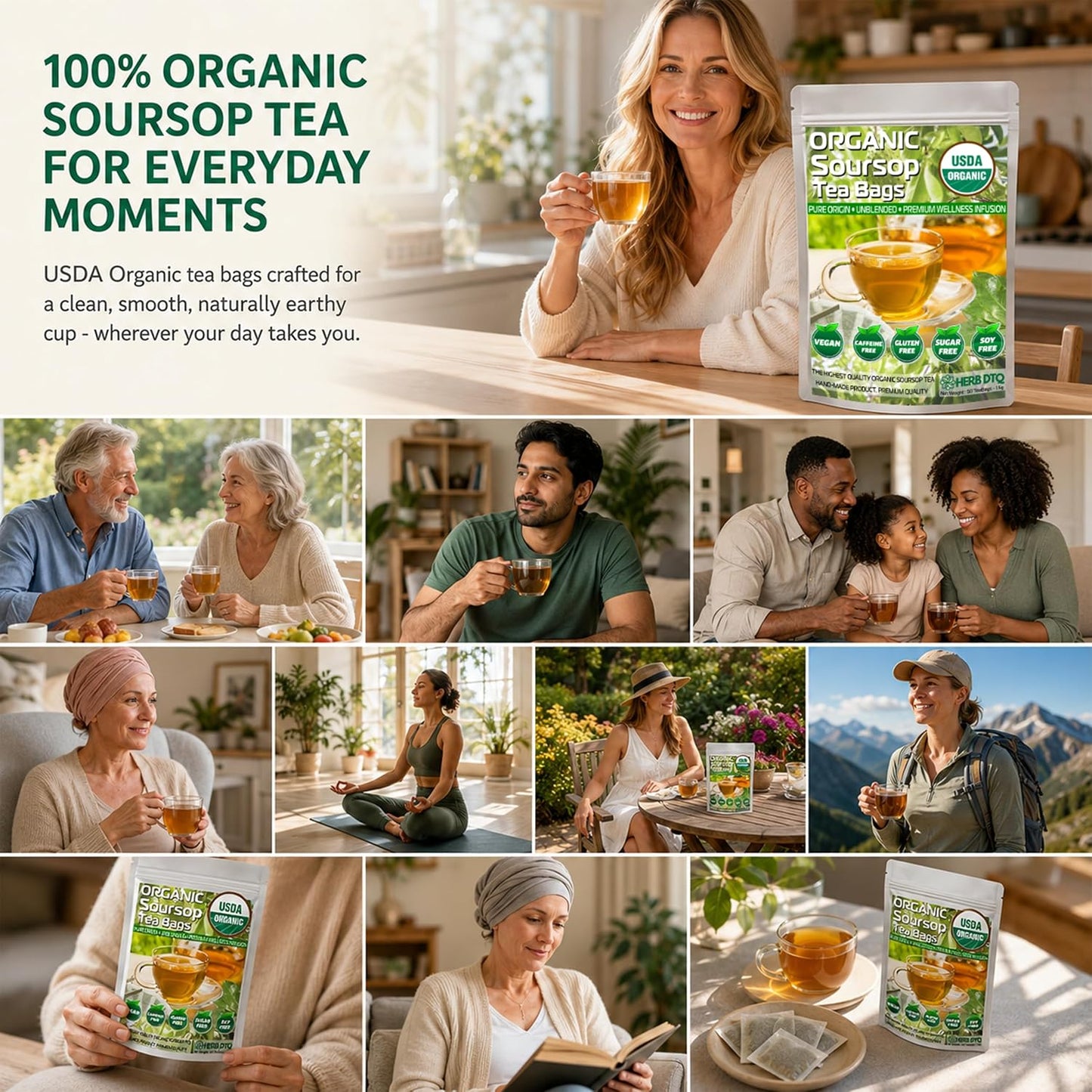 HERB DTQ USDA 100% Organic Soursop Graviola Leaf Tea Bags, Non-GMO, 110 Ct | Eco-Conscious Sachets, Sour Sop, Hojas de Guanabana, Vegan, Caffeine-Free, Sugar-Free, Gluten-Free, Sleep &amp; Digestion Support
