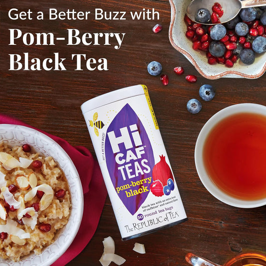 The Republic of Tea HiCAF Pom Berry Black Tea, High Caffeine, 50 Count | A bold cup for morning or afternoon. Brisk and full-bodied with notes of juicy fruit and licorice. Gluten Free &amp; Carb Free.