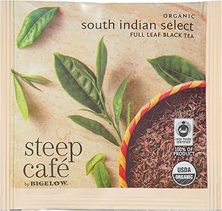 Steep Café Fair Trade Organic South Indian Select Black Tea, 50 Bags Box, Single Source, Premium Whole Leaf Teas, Sachet Pyramid Bag, Individually Wrapped in a Foil Pouch, Hot or Iced, by Bigelow Tea