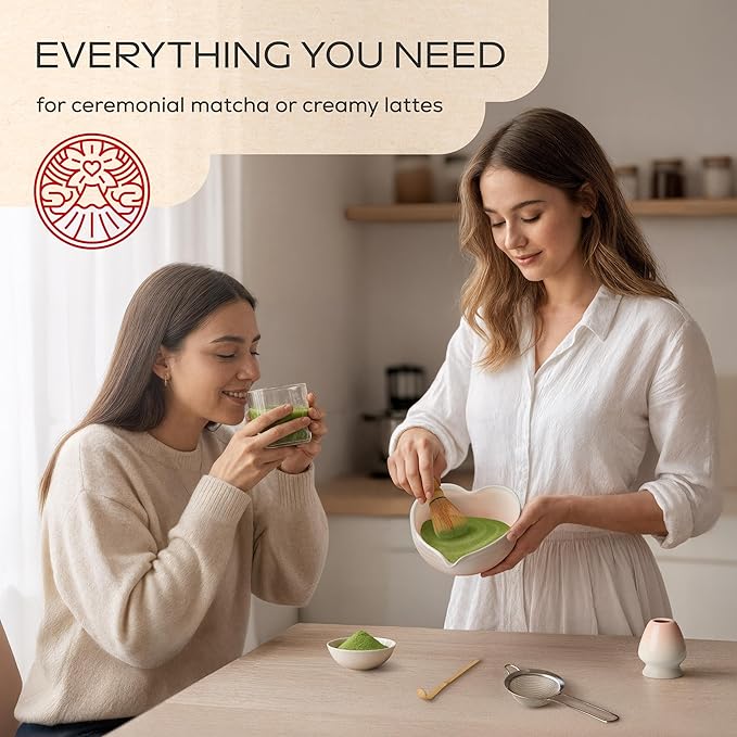 Rehny’s Matcha Whisk Set, Complete Matcha Set w/Heart-Shaped Bowl, Bamboo Whisk, Holder, Stainless Steel Sifter, Bamboo Scoop