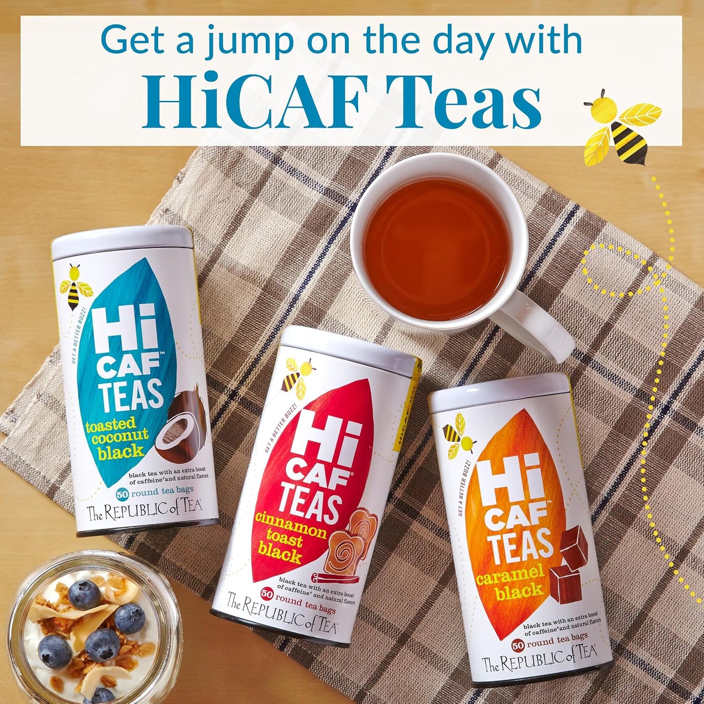 The Republic of Tea HiCAF Toasted Coconut Black Tea, High Caffeine, 50 Ct | A bold cup for morning or afternoon. Brisk and full-bodied with creamy finish and sweet licorice. Gluten Free and Carb Free.