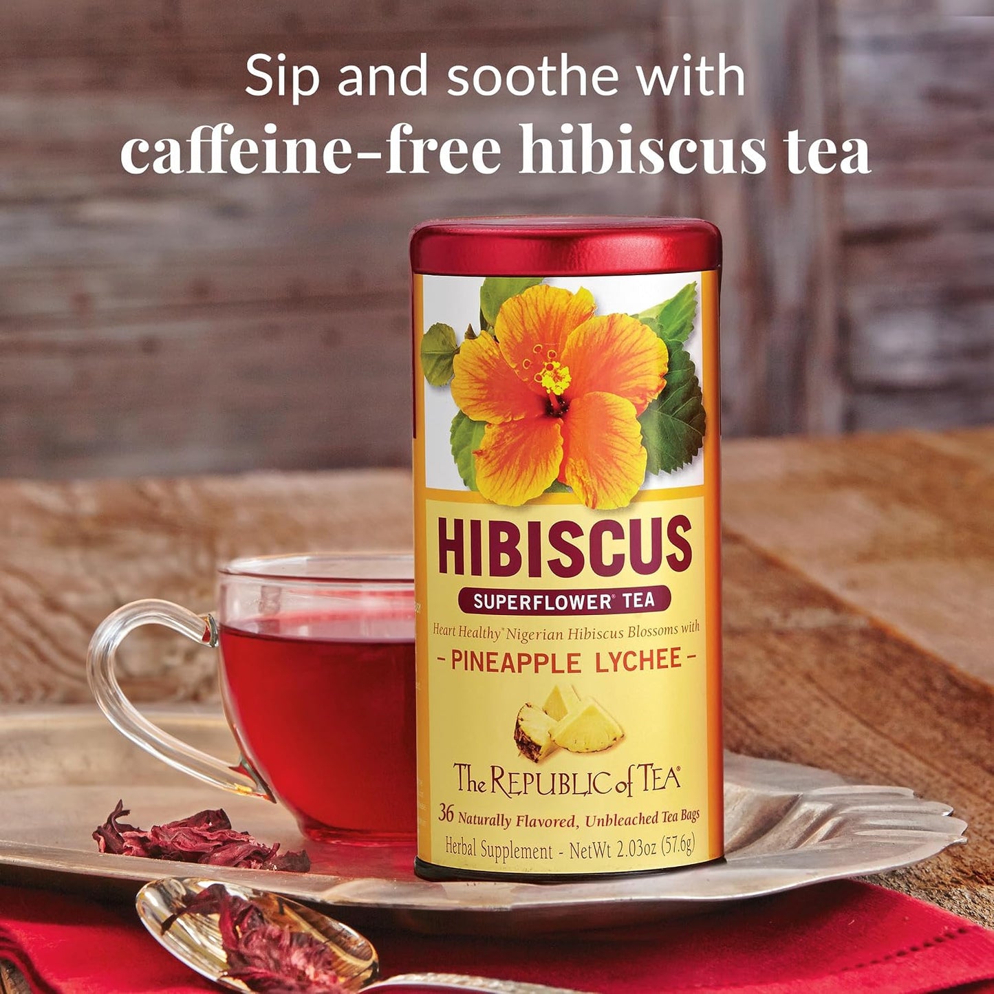 The Republic of Tea Pineapple Lychee Hibiscus Herbal Tea, 36 Count | Caffeine Free. Suitable for day or evening sipping. Bright and tart with notes of juicy fruit. Gluten Free and Carb Free.