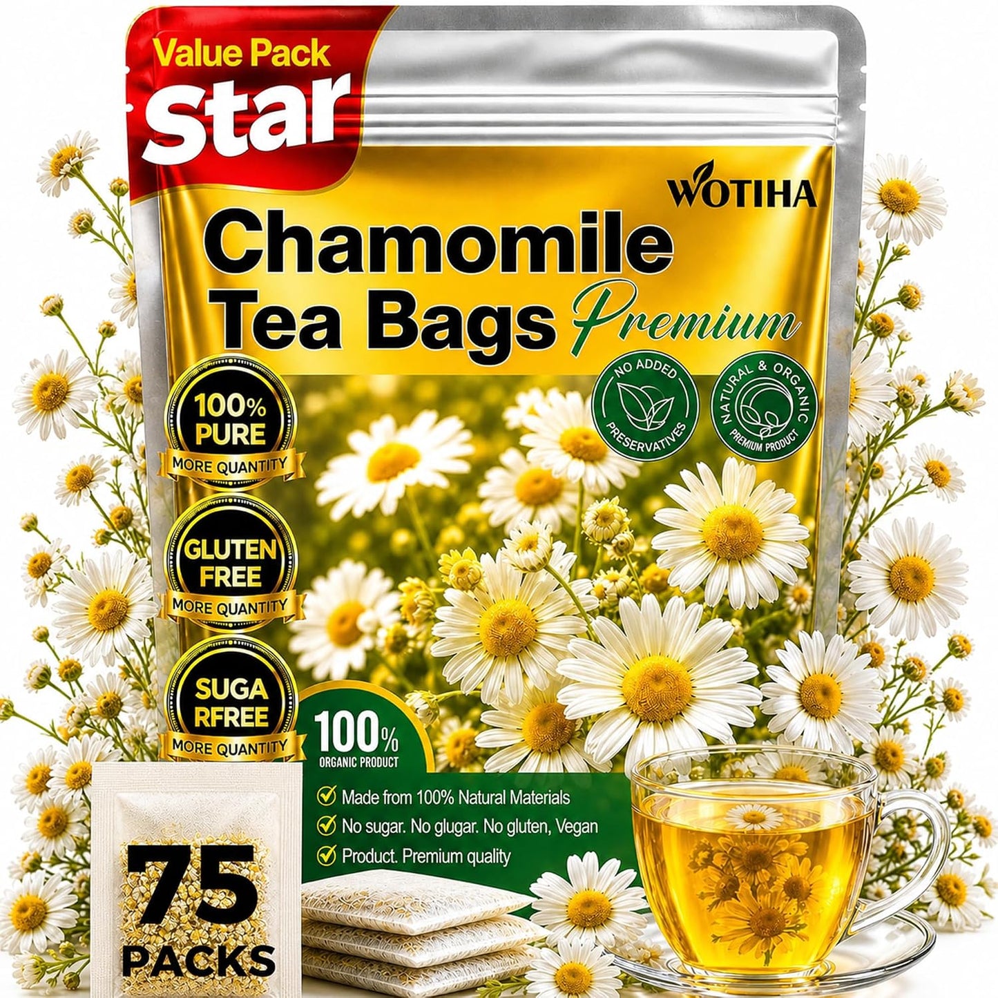 WOTIHA Chamomile Tea Bags, Pure Chamomile Flowers, Caffeine-Free, 75 Count | Chamomile flower herbal tea for evening and bedtime routines; caffeine-free, sugar-free, additive-free, vegan and Non-GMO.