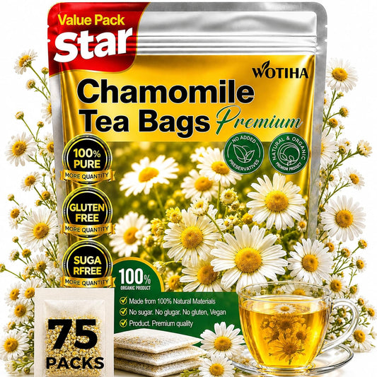 WOTIHA Chamomile Tea Bags, Pure Chamomile Flowers, Caffeine-Free, 75 Count | Chamomile flower herbal tea for evening and bedtime routines; caffeine-free, sugar-free, additive-free, vegan and Non-GMO.