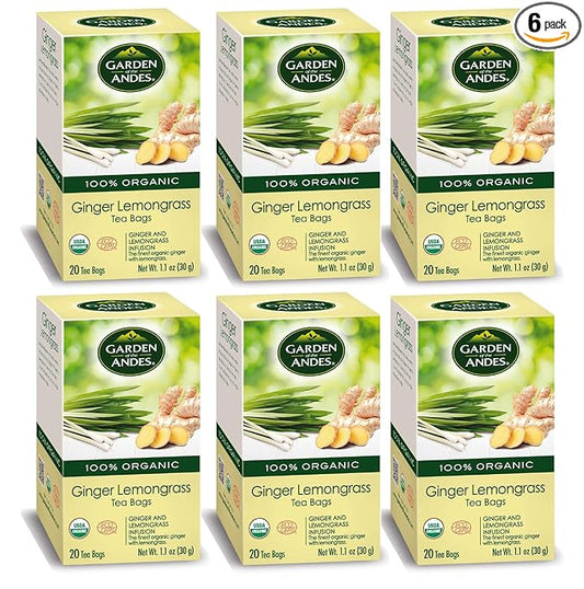 Garden of the Andes - Organic Ginger Lemongrass Tea - 20 Tea Bags/Box, Pack of 6 (120 ct.) - Caffeine-Free Herbal Infusion