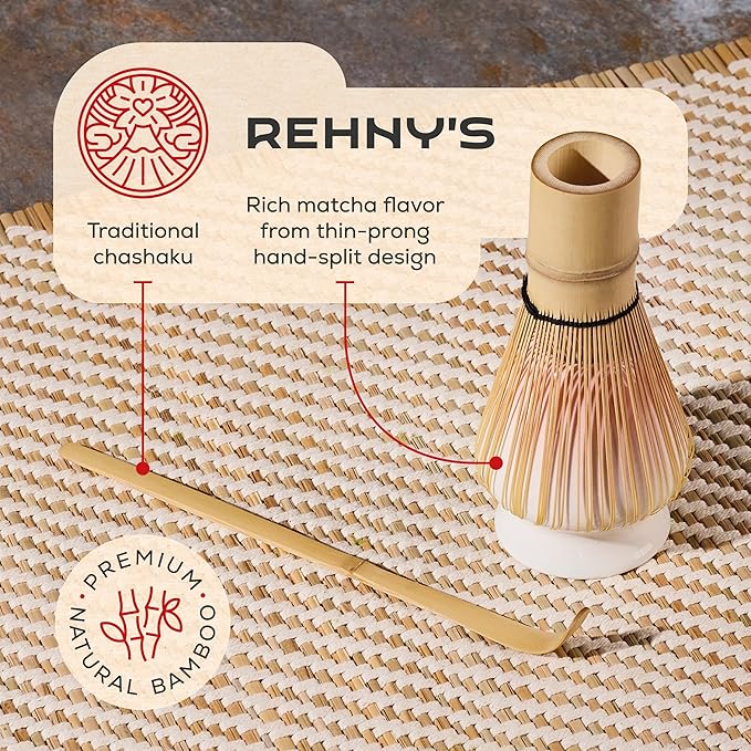 Rehny’s Matcha Whisk Set, Complete Matcha Set w/Heart-Shaped Bowl, Bamboo Whisk, Holder, Stainless Steel Sifter, Bamboo Scoop