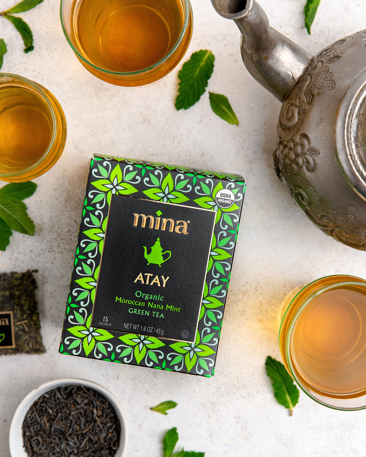 Mina Atay Moroccan Nana Mint Organic Green Tea, 15 Biodegradable Sachets - Refreshing Moroccan Mint Green Tea Bags, Moroccan