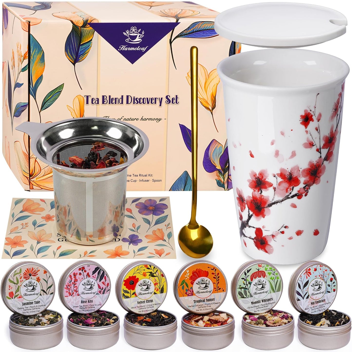 Harmoleaf Tea Gift Set for Women - 6 Herbal Loose Leaf Tea Blends, Insulated Ceramic Cup with Infuser & Lid, Birthday, Mother's Day