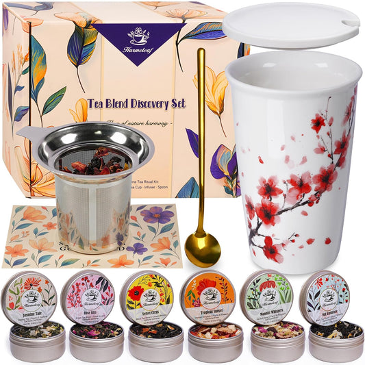 Harmoleaf Tea Gift Set for Women - 6 Herbal Loose Leaf Tea Blends, Insulated Ceramic Cup with Infuser & Lid, Birthday, Mother's Day