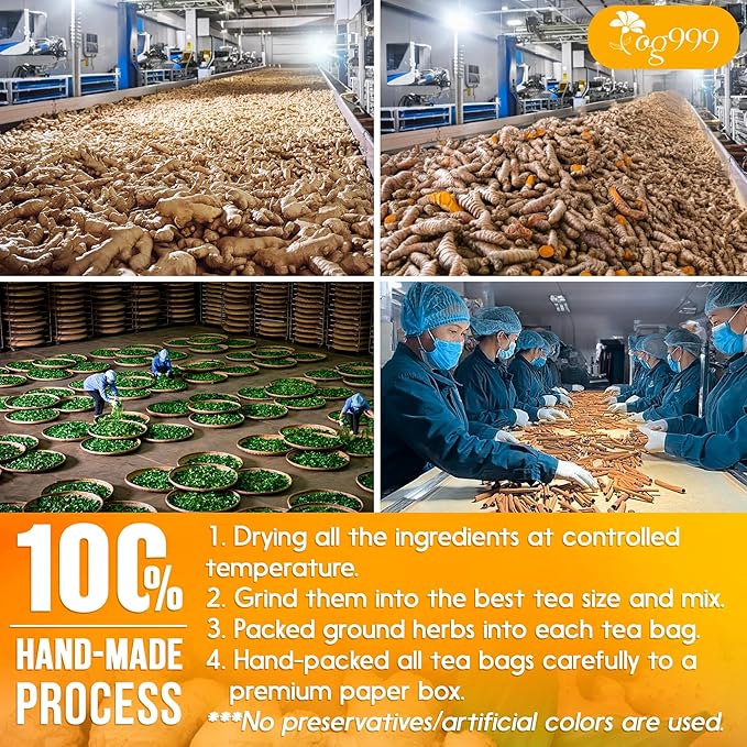 TOG999, 20 Tea Bags of Ginger, Turmeric and Cinnamon, Upgraded Version, 100% Natural, Hand-made Blend of Ginger, Turmeric, Cinnamon, Orange Peel, Black Pepper, Stevia Leaves, Jasmine. No Sugar, Vegan.