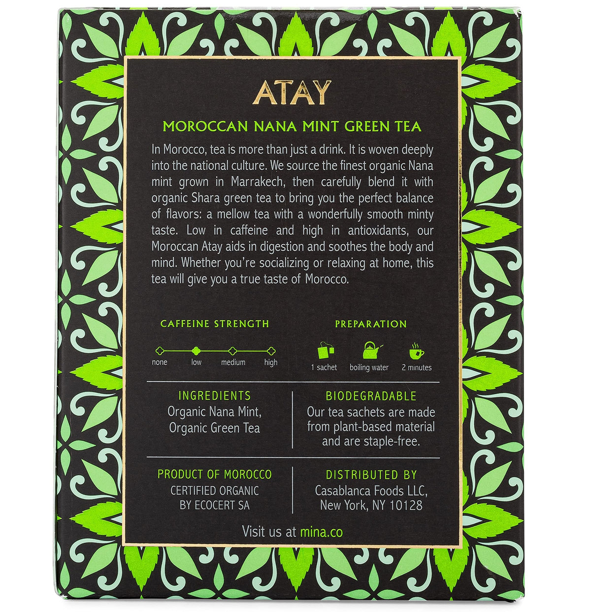 Mina Atay Moroccan Nana Mint Organic Green Tea, 15 Biodegradable Sachets - Refreshing Moroccan Mint Green Tea Bags, Moroccan