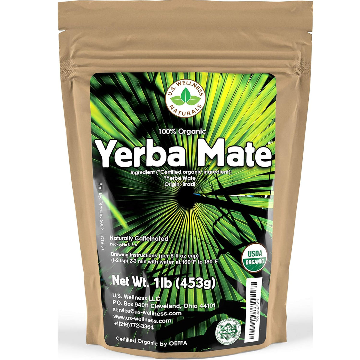 Yerba Mate Tea 1LB (16Oz) HI-CAFFEINE 100% Certified Organic SUPER-GREEN Yerba Mate, NO Dust, Fresh - Never Aged (Ilex Paraguariensis)