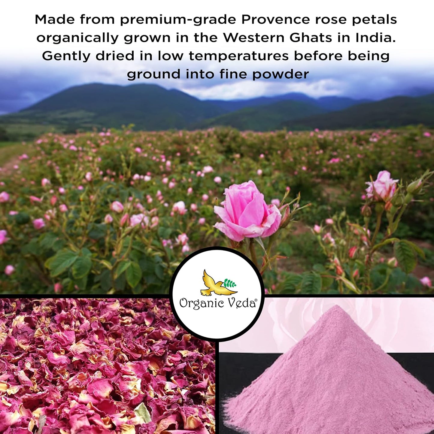 Organic Veda Rose Petals Powder - USDA Organic Edible Dried Rose Petals for Tea, Baking, Drink Mix, DIY Beauty Skin Care