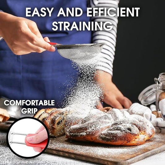 Zulay Kitchen Premium Stainless Steel Fine Mesh Strainer Set - Strainers For Kitchen (Set of 3) With Non-Slip Handles - Includes A Small, Medium & Large Fine Mesh Sieve Set - Durable Metal Strainer