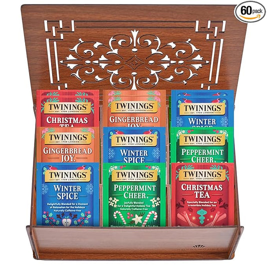 Twinings Christmas Holiday Tea Bag Variety Pack (60 Count) 4 Seasonal Flavors in Wooden Tea Chest Organizer, Gift for Women, Men, Friends, Couples, Mom, Dad, Family