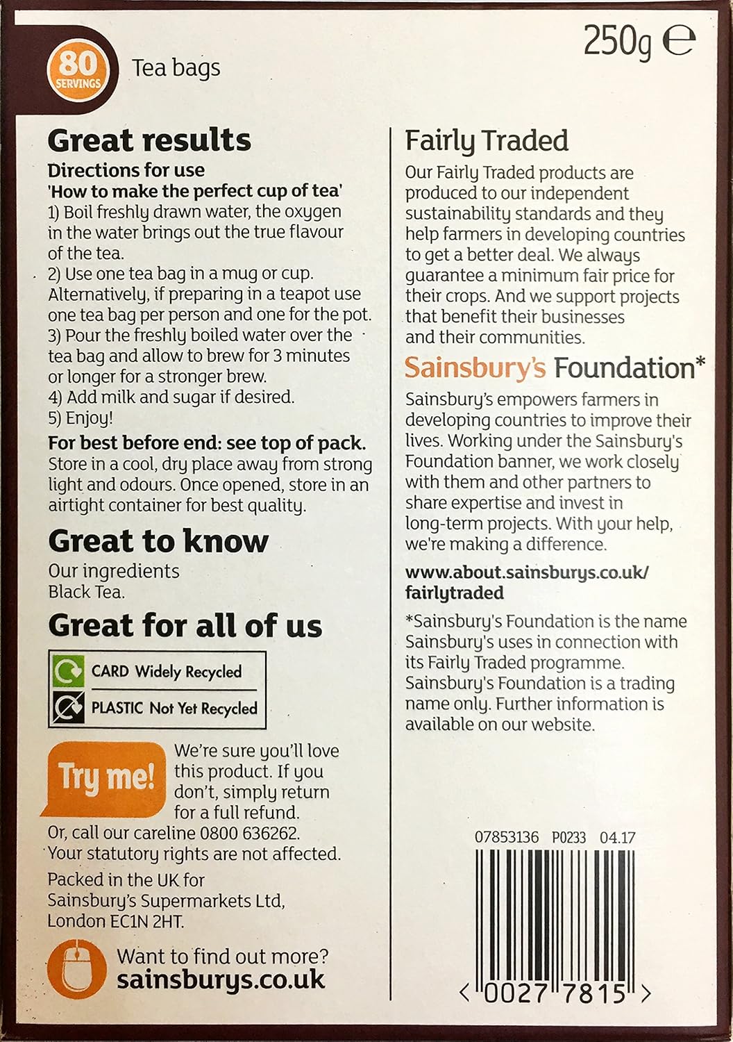 Sainsbury's Extra Strong Red Label Tea 80 Bags 250g | Fairly Traded Tea from England