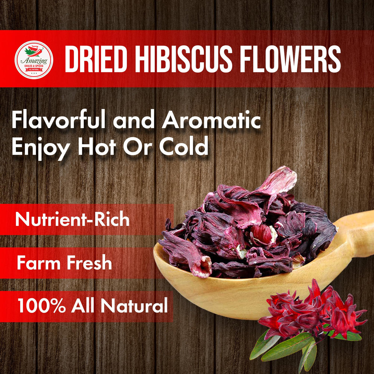 Amazing Chiles & Spices Hibiscus Flowers 1lb (16oz) – All Natural, Triple Cleaned - Whole Soft Flowers and Petals - Flor de