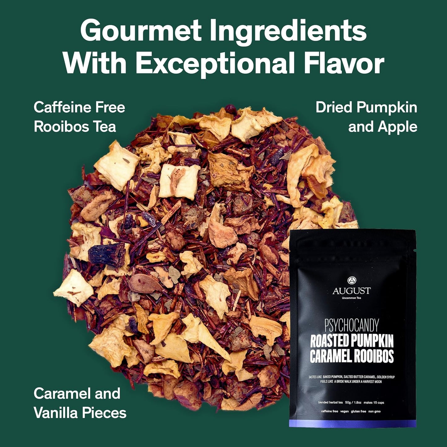 August Uncommon Psychocandy Roasted Pumpkin Caramel Rooibos Tea (1.75oz) | Vegan, Gluten-Free &amp; Non-GMO South African Rooibos Tea – Creamy Caramel Flavor for Bedtime – Resealable Pouch – 15-30 Cups