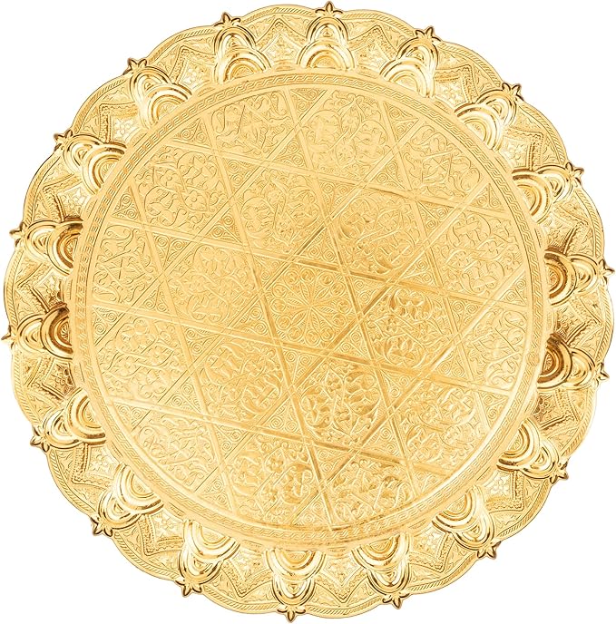 Alisveristime Turkish Ottoman Coffee Tea Beverage Serving Zamac Tray (34cm - 13,38inch) (750 Gram - 1,65 pounds) (Gold)