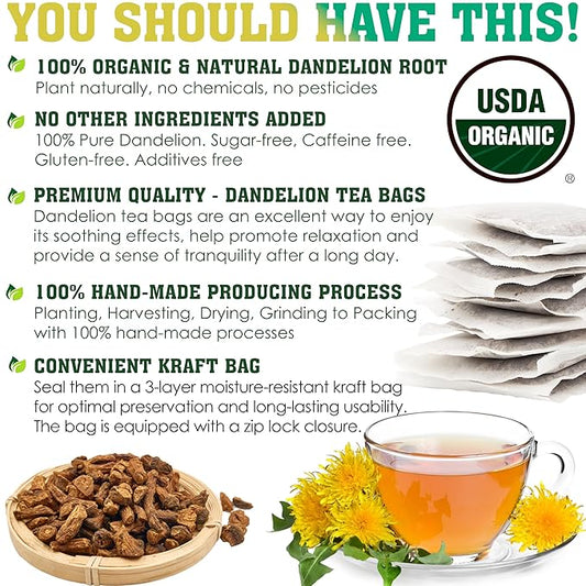 USDA Organic Dandelion Root Tea Bags , Roasted Coffee Substitute & Liver Kidney Cleanse Tea, Digestion & Bloating Relief Support, 100% Organic & Pure Dandelion Root, Non-GMO, Caffeine Free, 120 teabags Eco-Conscious Corn Fiber