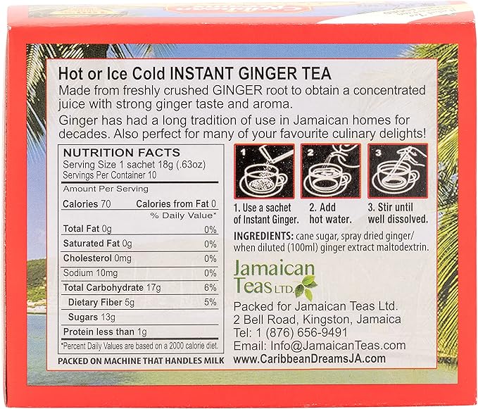 Caribbean Dreams Instant Ginger Tea, 100% Natural from Jamaica, Strong Taste and Aroma, 10 Sachets (Pack of 2)