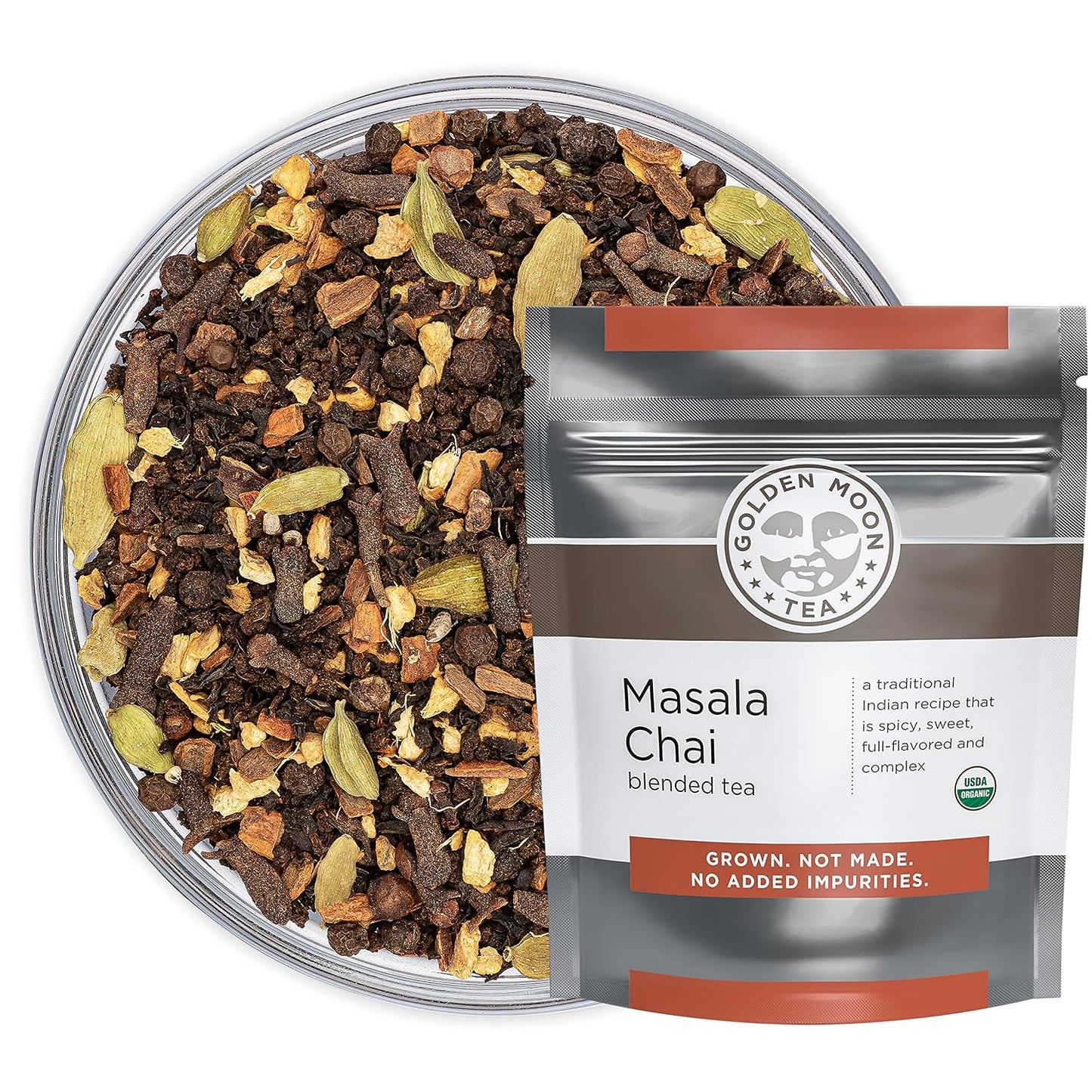 Golden Moon Tea, MASALA CHAI TEA, 181 Servings, Authentic Original Organic Recipe | Organic spiced chai – whole cardamom, cinnamon &amp; ginger. No artificial flavors. 181 servings, 1lb bulk.